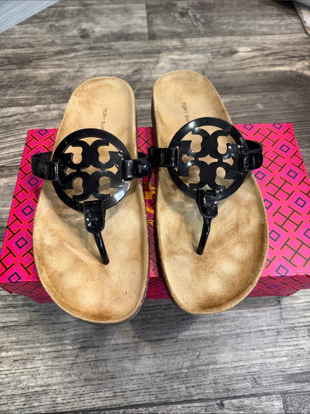 Tory Burch Black Patent Logo Thong Sandals